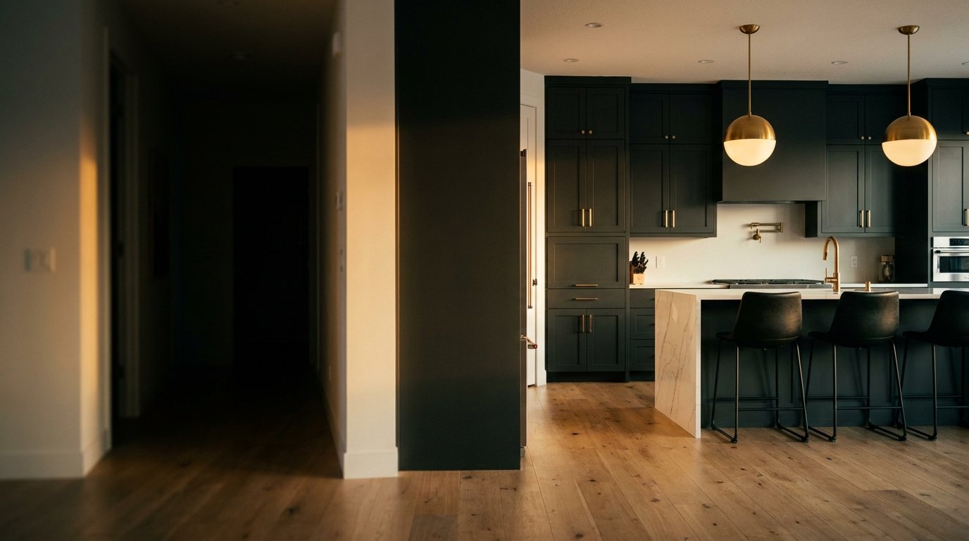 High-end residential kitchen with dark charcoal cabinets, brass pendant lights, and a white marble waterfall island