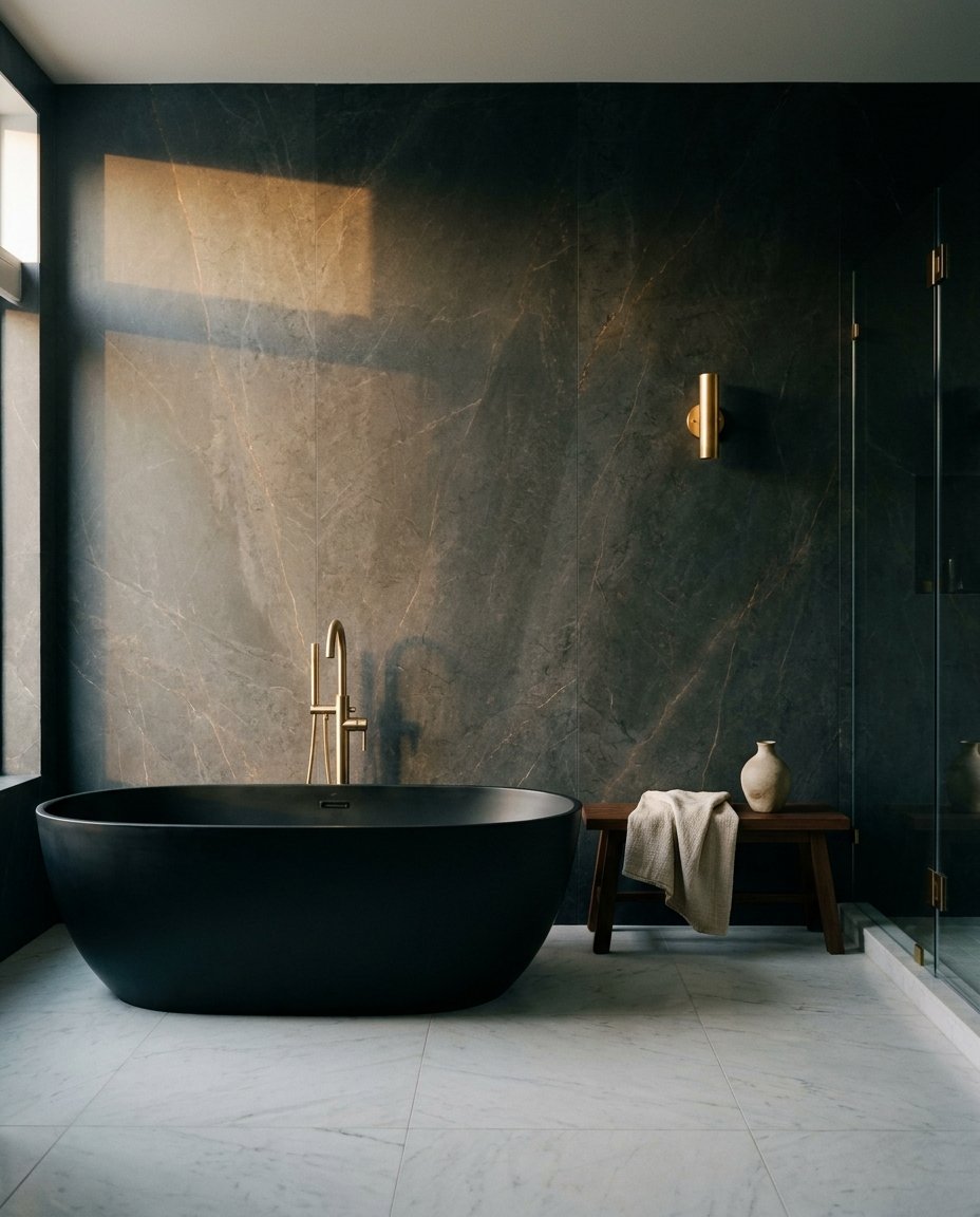 Luxury primary bathroom with a matte black soaking tub and slate marble wall