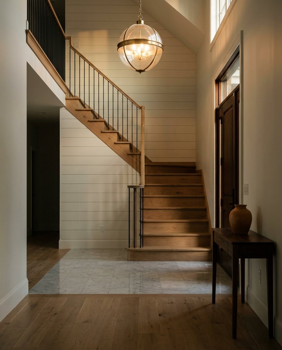 Renovated luxury home entry with an oak staircase and brass pendant fixture