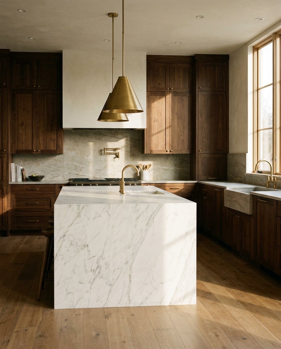 High-end residential kitchen with walnut cabinets and a marble waterfall island